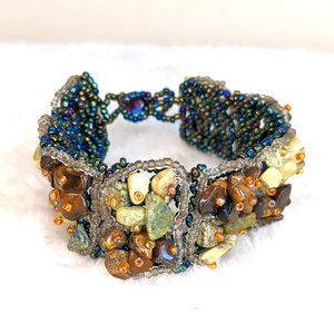 Vintage Y2K Jasper, Natural Green Stone, and Glass Bead Macrame Bracelet Cuff